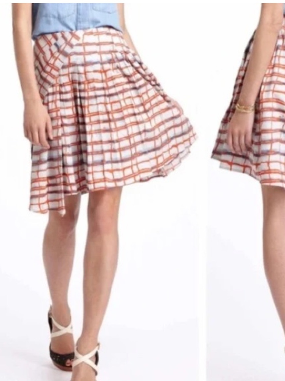 Anthropologie Mauve Plaid Pleated A-line skirt Orange White Blue size 4
